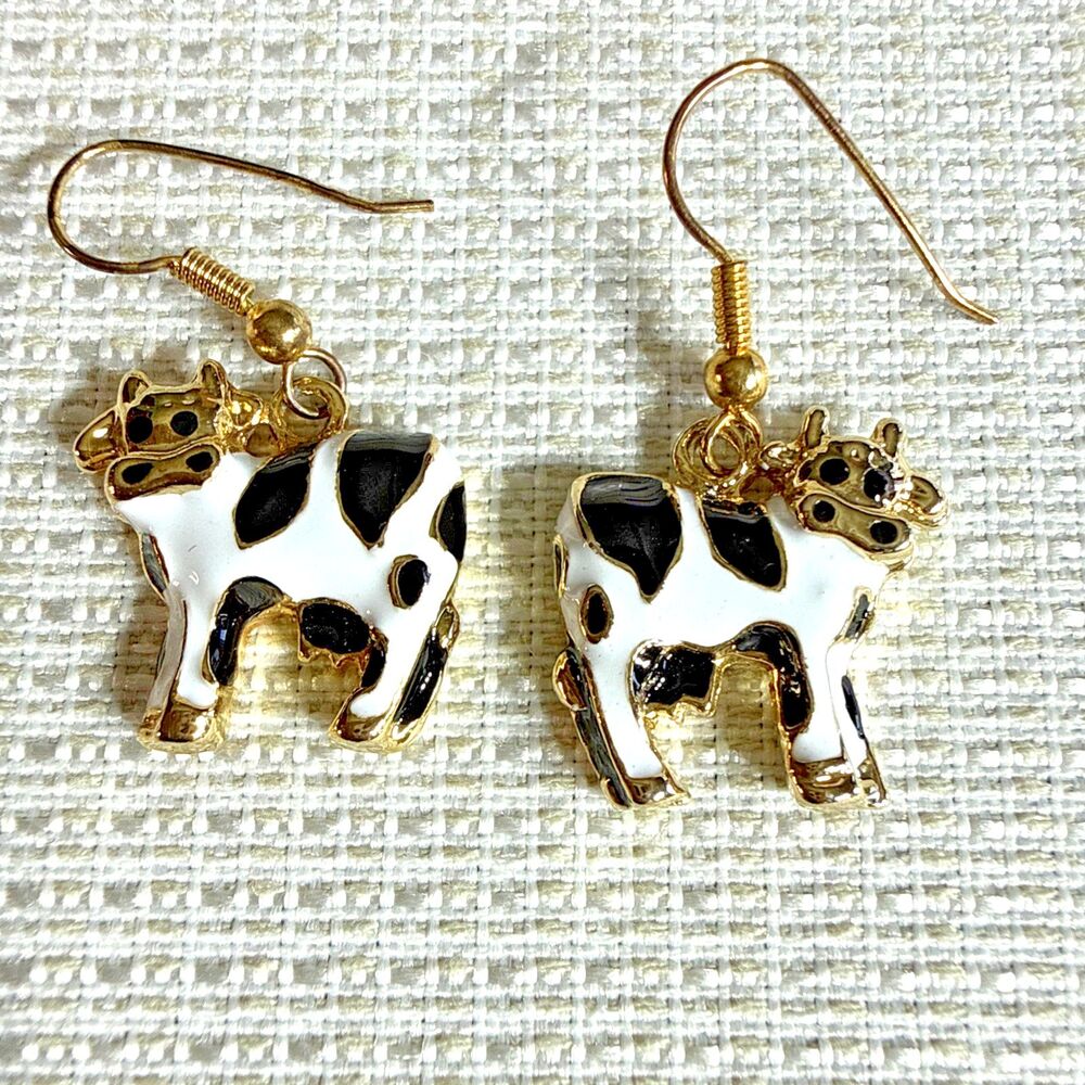 Cloisonné Enamel Cow Novelty Pierced Earrings Black White Gold Tone Jewelry